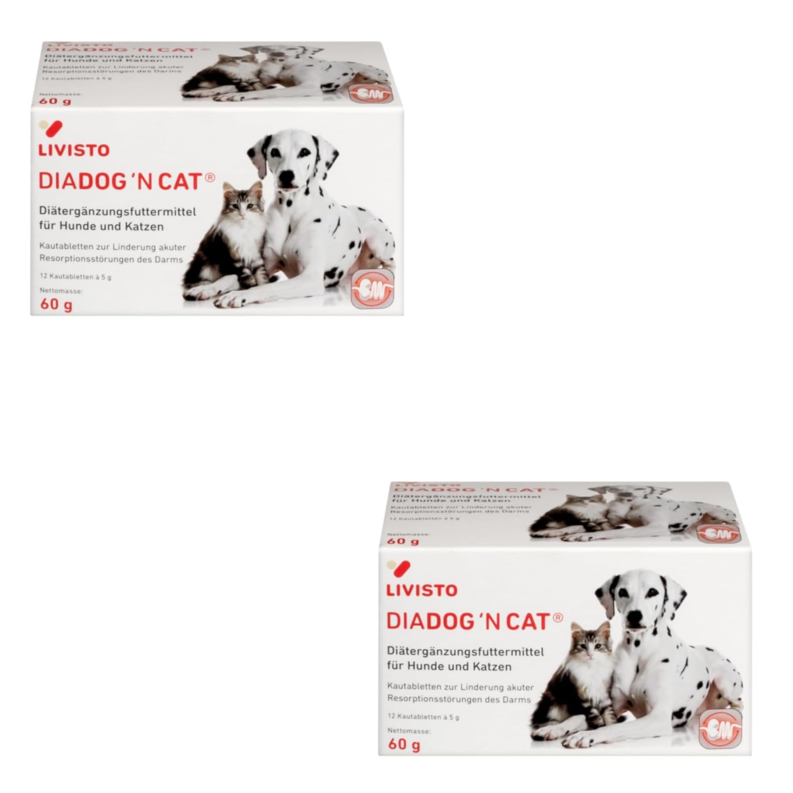DiaDog`N Cat | dwupak | 2 x 12 x 5 g | karma uzupełniająca dietetyczna dla psów i kotów | tabletki do żucia wspomagające w przypadku ostrych zaburzeń wchłaniania w jelitach
