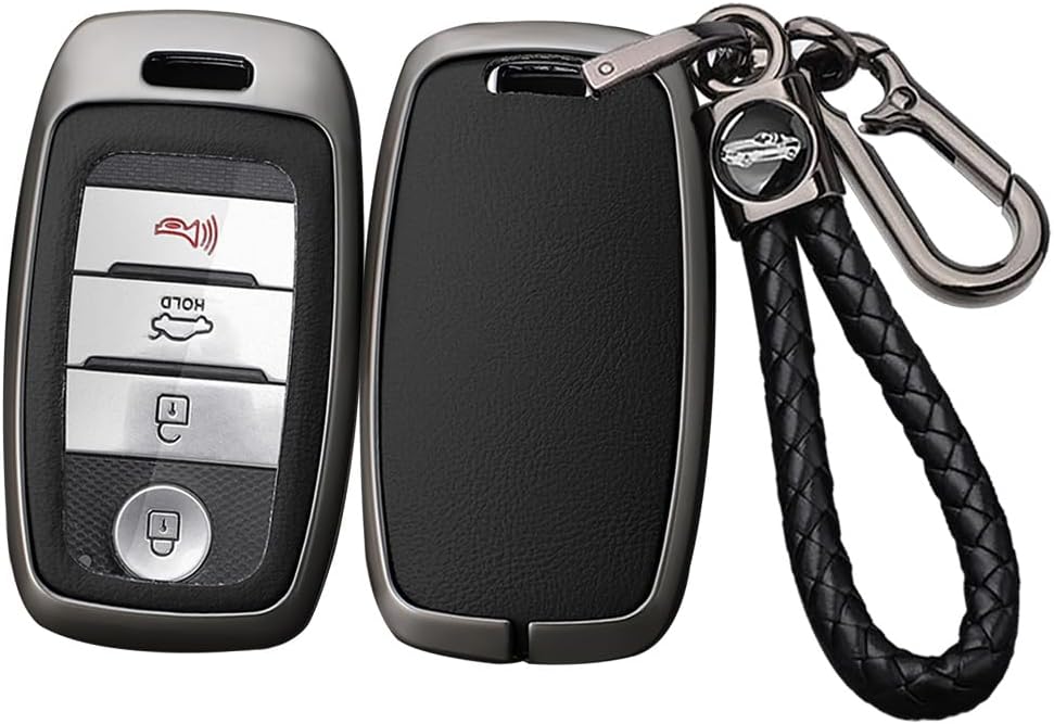 SANRILY Keyless Metal 3/4/6 Button Smart Key Fob Cover Compatible with Kia Seltos Carens 2022 Sonet Rio Rio5 Sportage Ceed Cerato K3 KX3 K4 K5 Sorento Optima Picanto with Leather Keychain Black