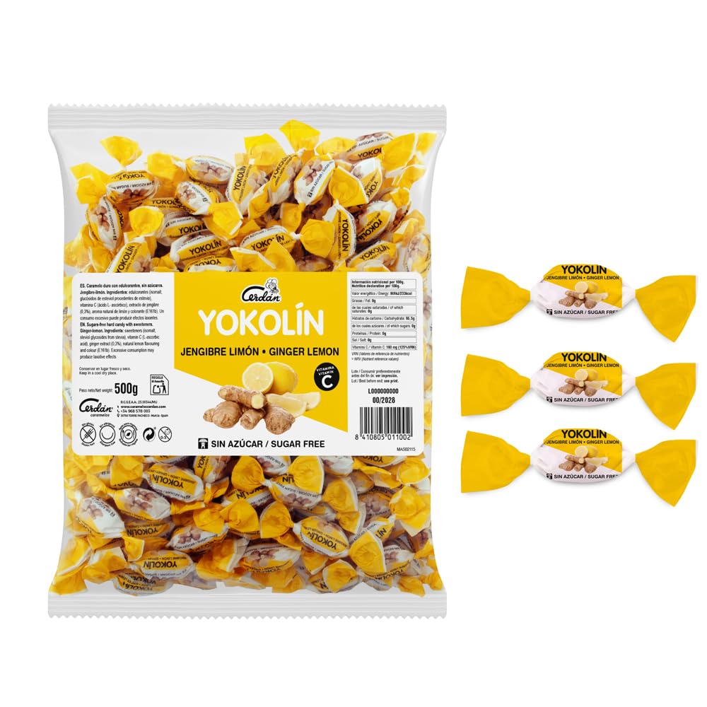 Caramelos Cerdán Yokolín Caramelo sin Azúcar Sabor Jengibre Limón con Vitamina C Bolsa 150 uds 500g Caramelo Duro Sin Gluten