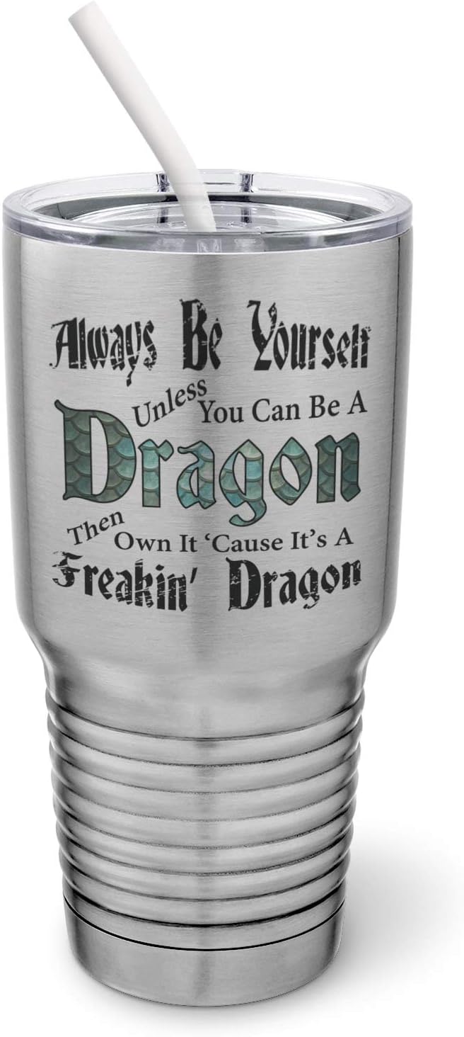 PixiDoodle Be A Freakin Dragon - Dragon Scales Dragon Insulated Coffee Mug Tumbler with Spill-Resistant Slider Lid and Silicone Straw (15 oz Mug, Silver)