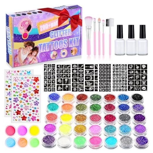 YUEONEWIN 492 Juego de Tatuajes. Tatuaje Temporal, 41 Colores Polvo con Purpurina 215 Pedrería 204 Plantillas 3 Pegamento 5 Pinceles Tatuajes para Fiestas, waterproof