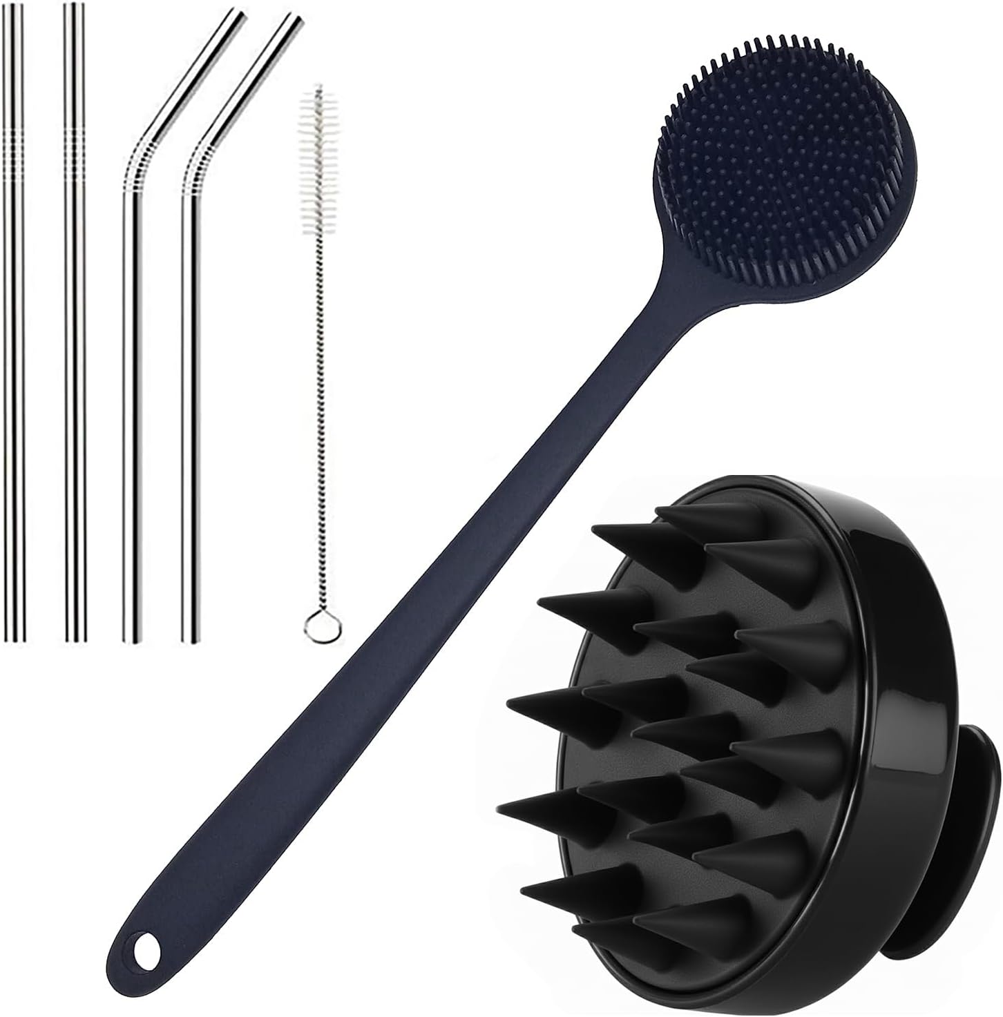 XML Steel Straw ,Hair Scalp Massager, Back Scrubber for Shower Long Handle Body Brush, Double Sided for Exfoliating and Massage Can Produce Rich Foam, Back Scrubber for Men and Women, Hair Growth & Reduces Dandruff, Long Drinking Straws for Drinking Juice,Mocktails (STRAW-BODYSCRUBBER-SCALP)