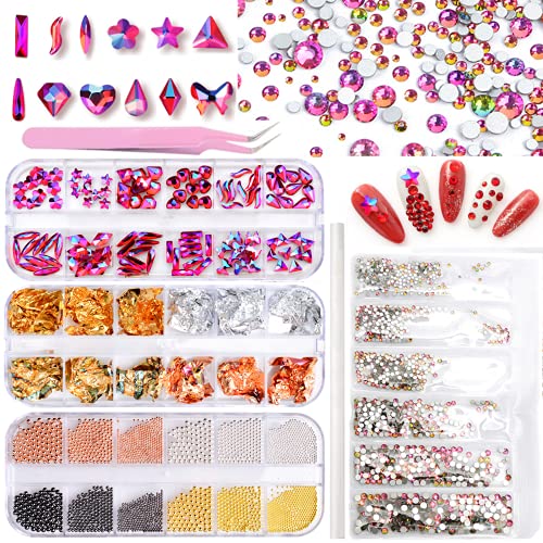 120 pcs K9 Glass Crystals Rhinestones,1440 pcs Glass Round Rhinestones with Nail Foil Chip and Metal Caviar, Tweezers and Picking Pen (Red AB)