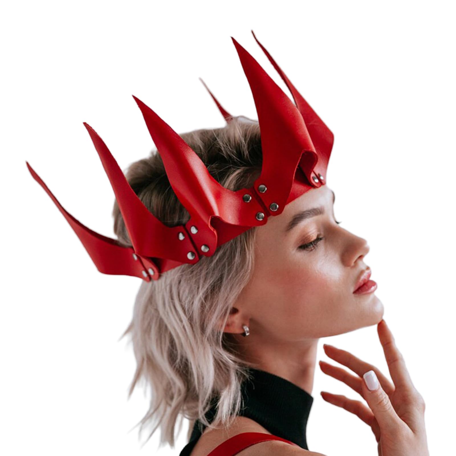JIAHG Women Gothic Leather Crown Headband Ladies Medieval Vintage Headpiece Makeup Ball Party Headdress Halloween Witch Cosplay Dress Up Costume Hair Accessory Photo Prop (Red)