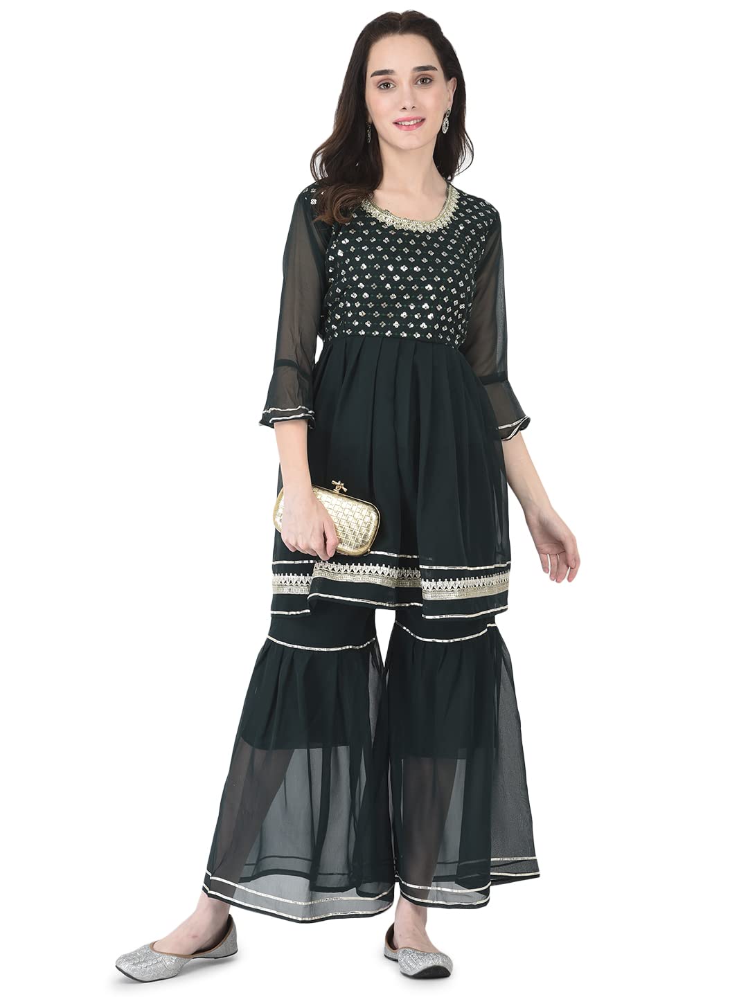 Elendra Women Suit Set Embellished Bell Sleeve Kurti with Sharara