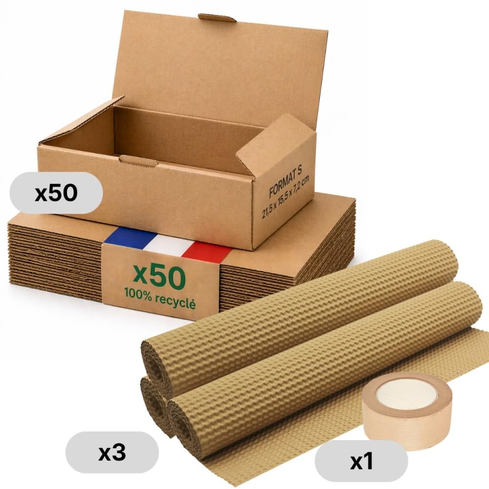 Opakowanie kartonowe S - Zestaw 50 + ochrona papieru + klej papierowy - 21,5 x 15,5 x 7 cm - Wzmocniony - 100% nadaje się do recyklingu - biżuteria, kubek, świece - Life Pack