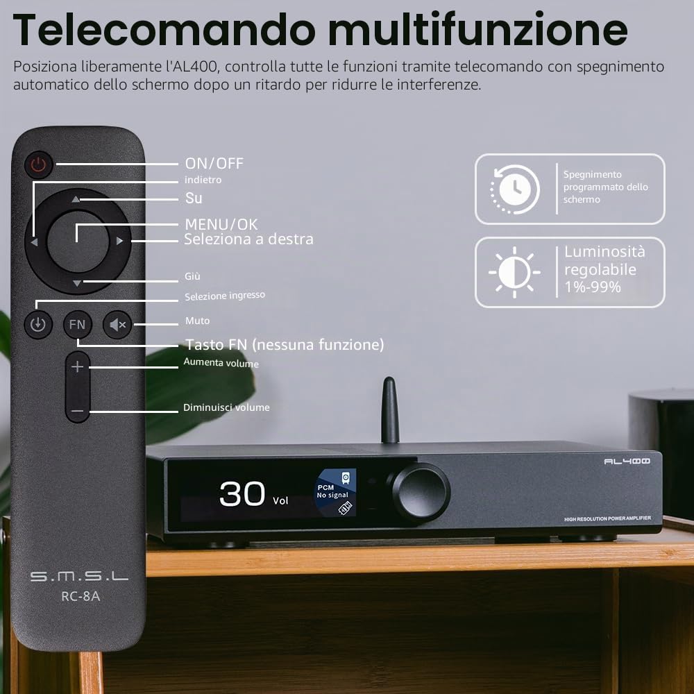 SMSL AL400 All-in-One Decoder HiFi Preamplificatore di potenza Phono TPA3255 e CS43141 MQA, MM e MC Cartuccia HDMI (eARC) per TV, Home Theater