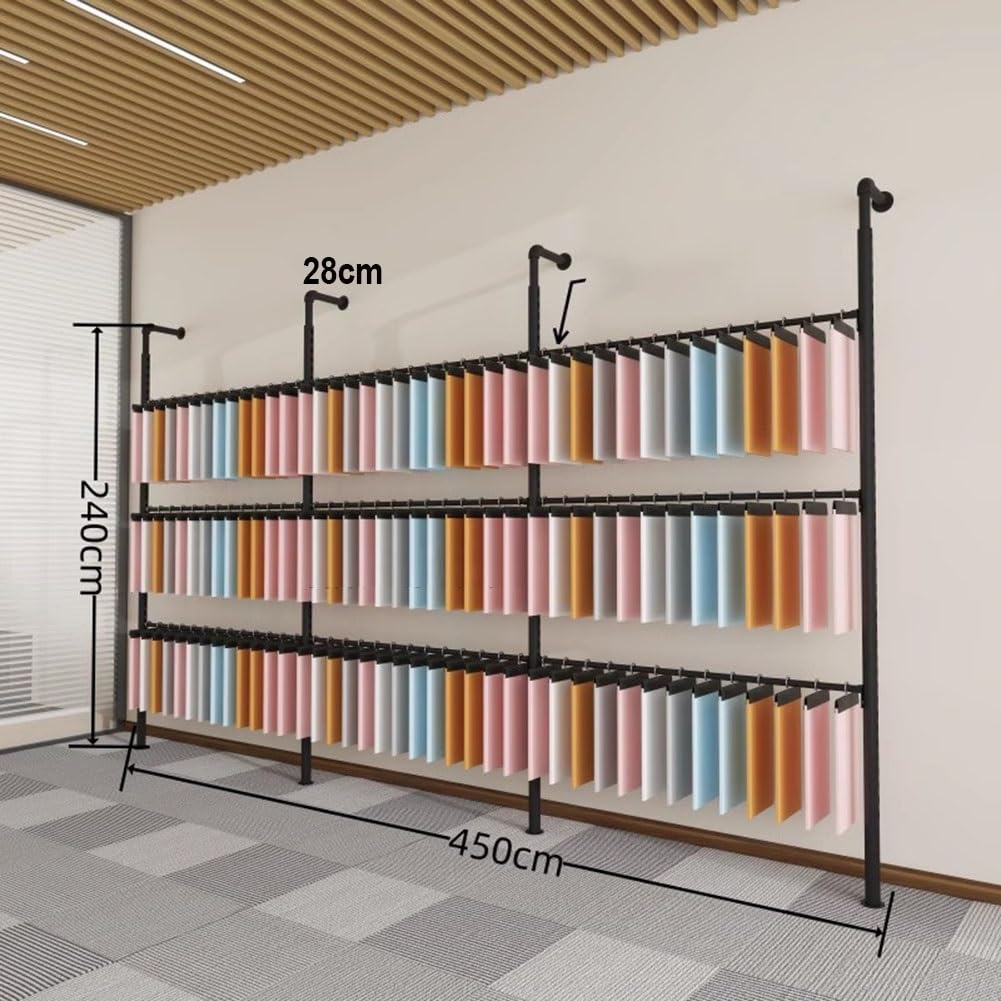 Naścienny stojak na próbki tkanin, organizer tekstylny do sklepów detalicznych, butików i centrów handlowych, wydajny uchwyt na próbki (450 x 240 cm)