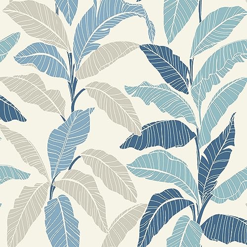 Image of Tommy Bahama - Leafy Peel and Stick Wallpaper, Botanical Wallpaper for Bedroom, Powder Room, Kitchen, Vinyl, 30.75 Sq Ft Coverage (Leafy Collection, Bliss Blue)