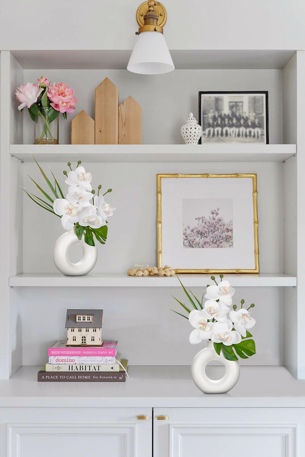 Lot de 2 mini plantes artificielles orchidées avec vase donut en céramique - Fleurs artificielles - Fleurs artificielles comme de vraies fleurs avec fleurs Real-Touch dans un pot en céramique -