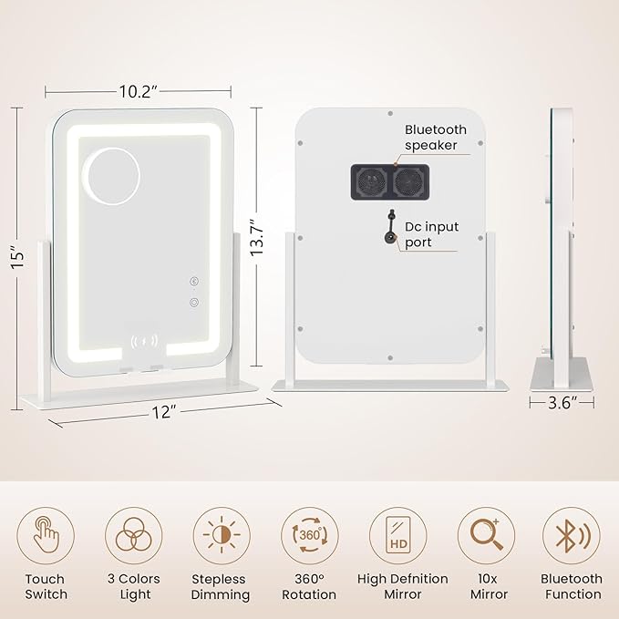 Espejo de Maquillaje LED Dripex 5 en 1 15x12 pulgadas con Bluetooth y Carga Inalámbrica miniatura 2