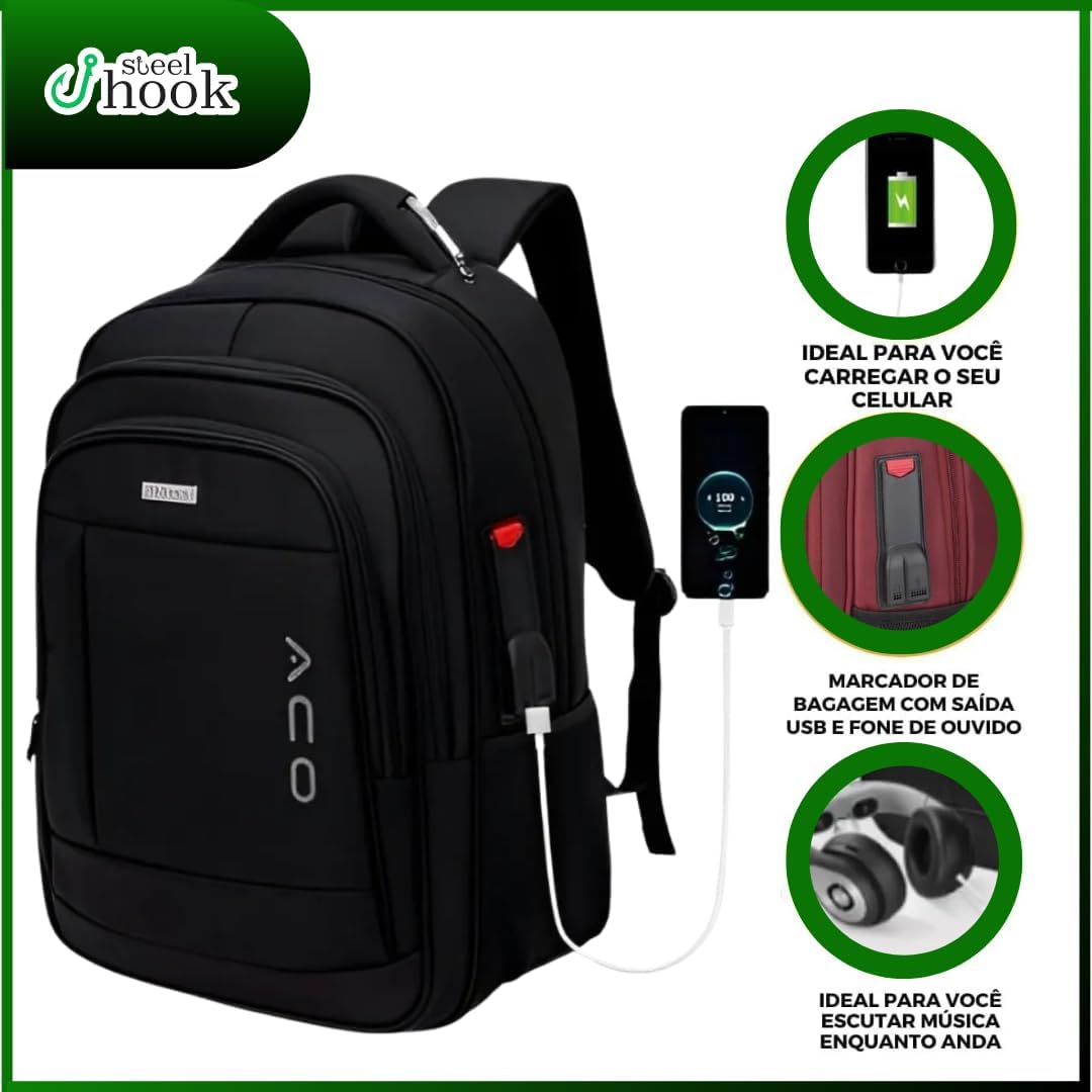Mochila para Notebook Masculina Feminina para Notebook 17 – Mochila executiva Antifurto, Reforçada, Saídas USB e Fone, Alça de Aço, Impermeável, Escolar, Faculdade, Trabalho ou Viagem – Preta Premium