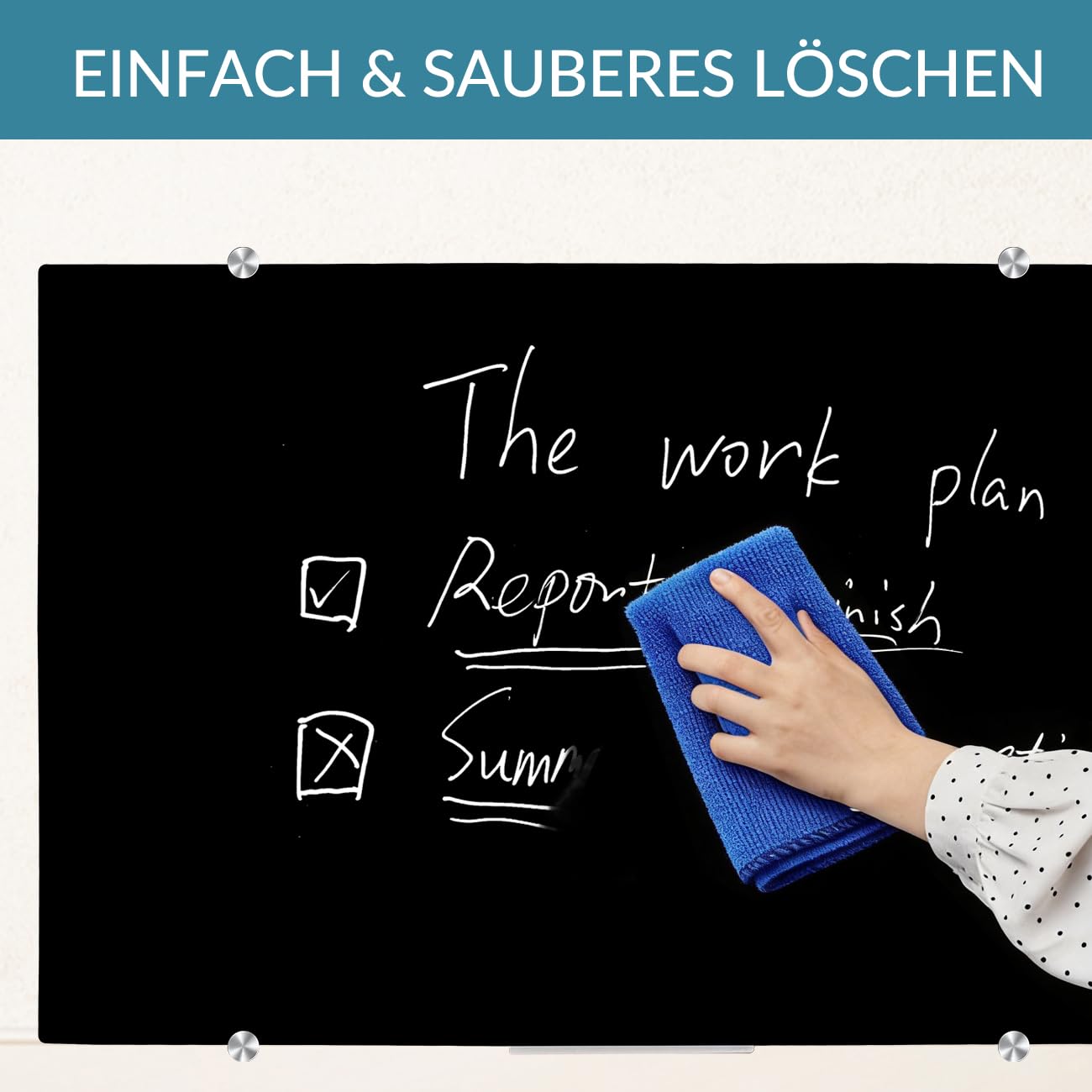 DEVELOP Schwarzes Glas-Whiteboard | 60x90 cm | Rahmenlose, gehärtete Glasoberfläche in Matt-Schwarz | Inkl. 4 weiße Boardmarker, Mikrofasertuch, 2 Starkmagnete & Montageset