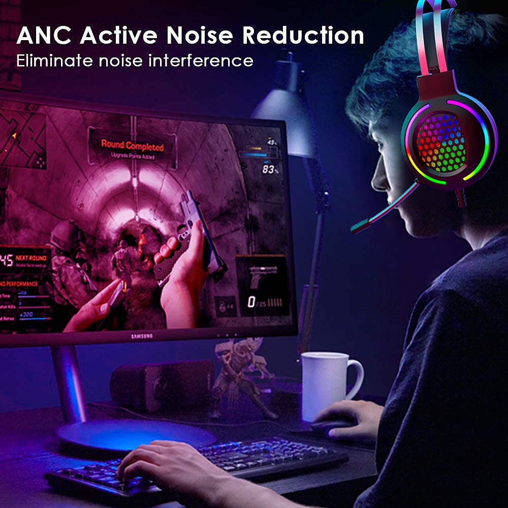 Auriculares para juegos con sonido envolvente 7.1, auriculares ligeros de PC con micrófono de cancelación de ruido, sonido envolvente de graves, orejeras de memoria suave, retroiluminación LED 7