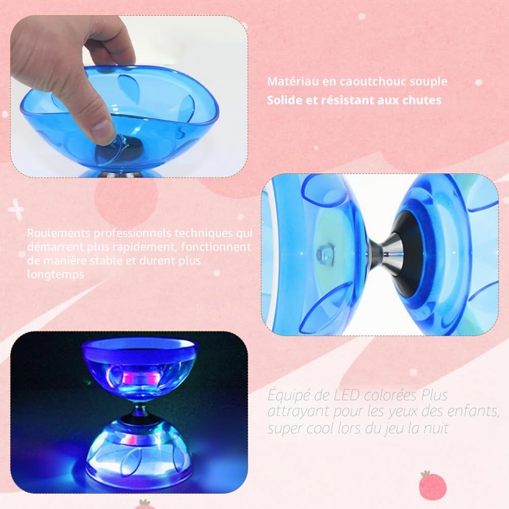 Diabolo LED avec roulement à billes, 4,5 mm, kit de jonglage phosphorescent, pour enfants et adultes, Yoyo professionnel, balles de jonglage, jouet de cirque (bleu)