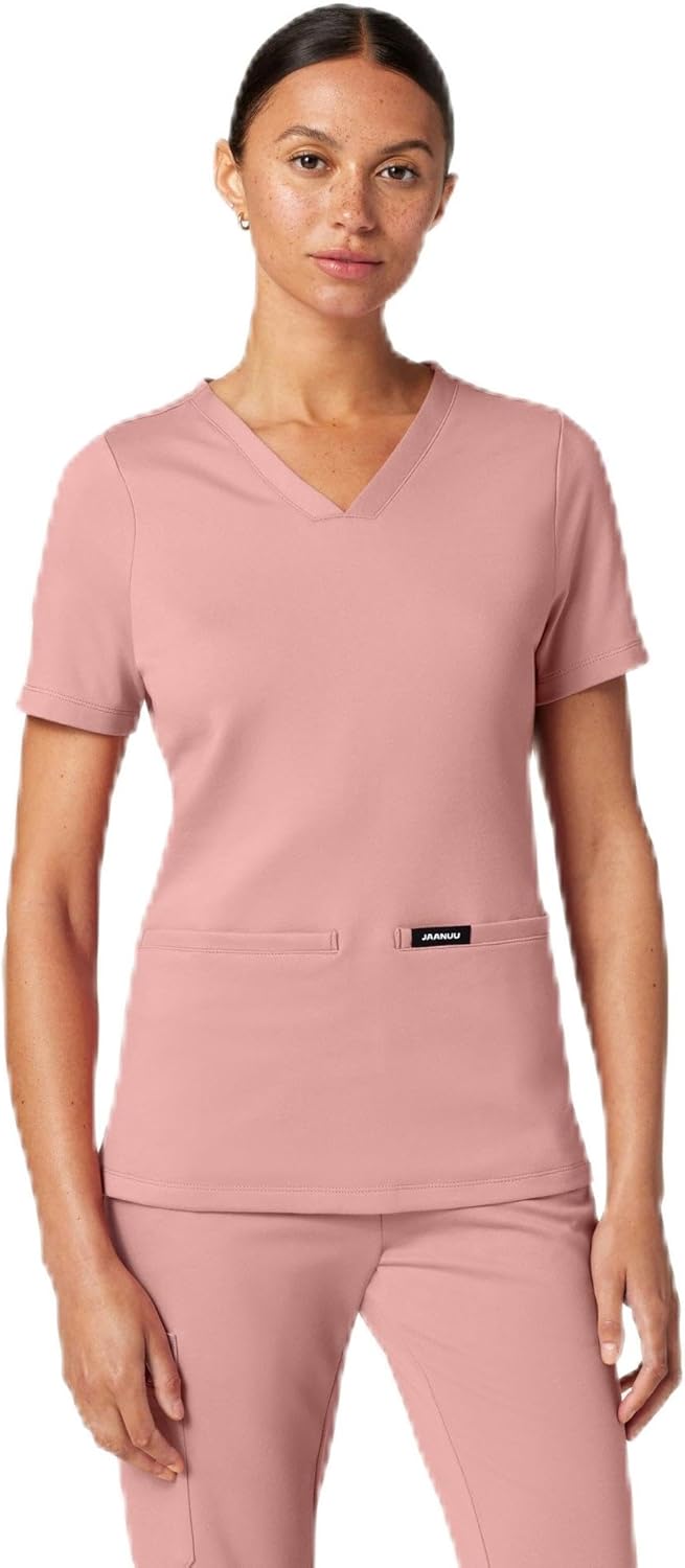JAANUU Cesi Women’s V-Neck Scrub Top – Ultrasoft 4-Way Stretch, Moisture-Wicking Slim Fit Medical Uniform Top with 2 Pockets