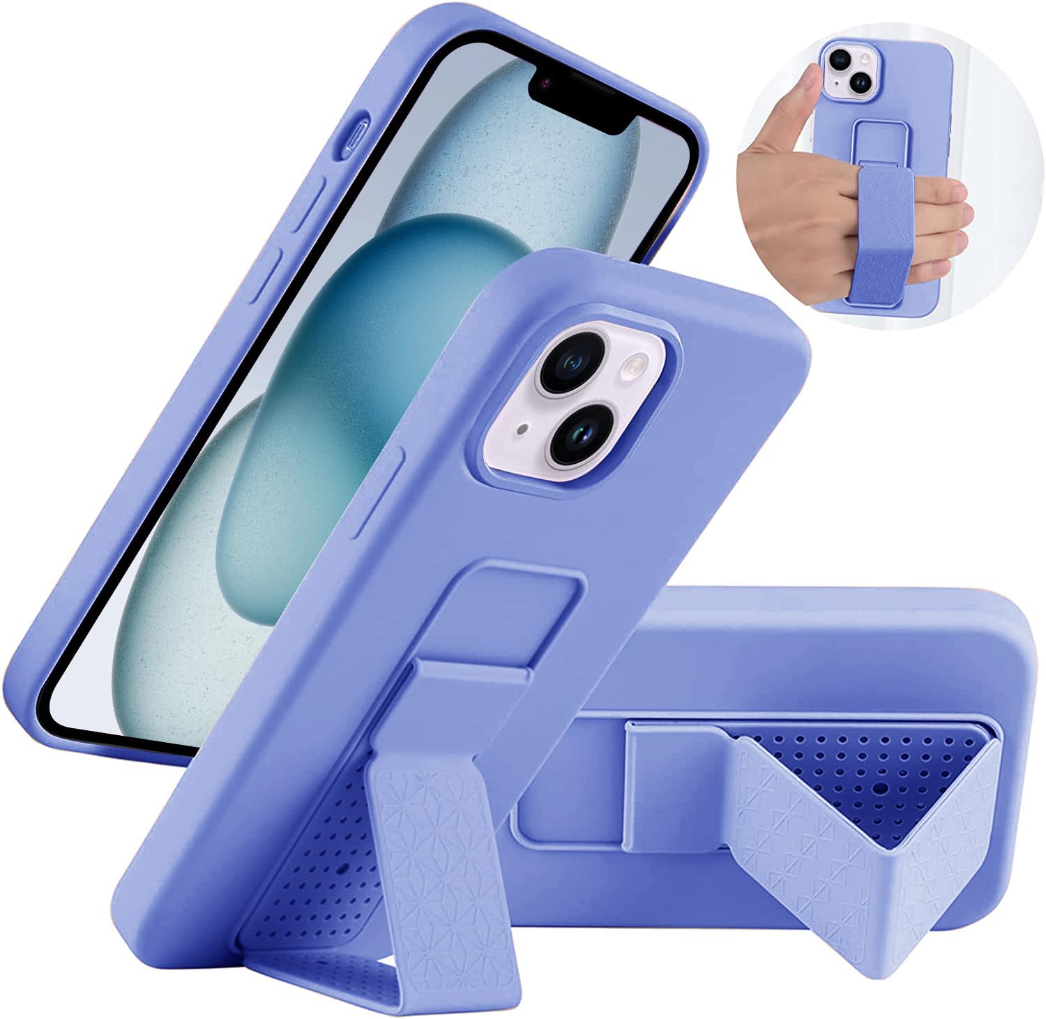 LAUDTEC Silicone Kickstand Case Compatible with iPhone 15, Vertical and Horizontal Stand Hand Strap Metal Kickstand Cover, Flexible Soft Liquid