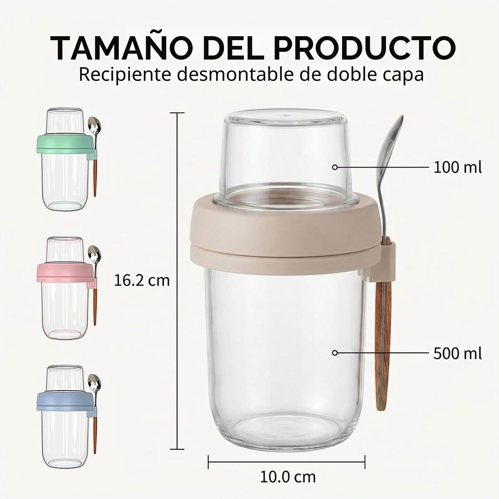 4er Set Overnight Oats Vasos con Tapa y Cuchara – 16oz Envases de Muesli & 4oz Caja de Snack, Vasos de Yogur para Llevar de Vidrio con Doble Cámara, Recipientes de Desayuno para Preparación de