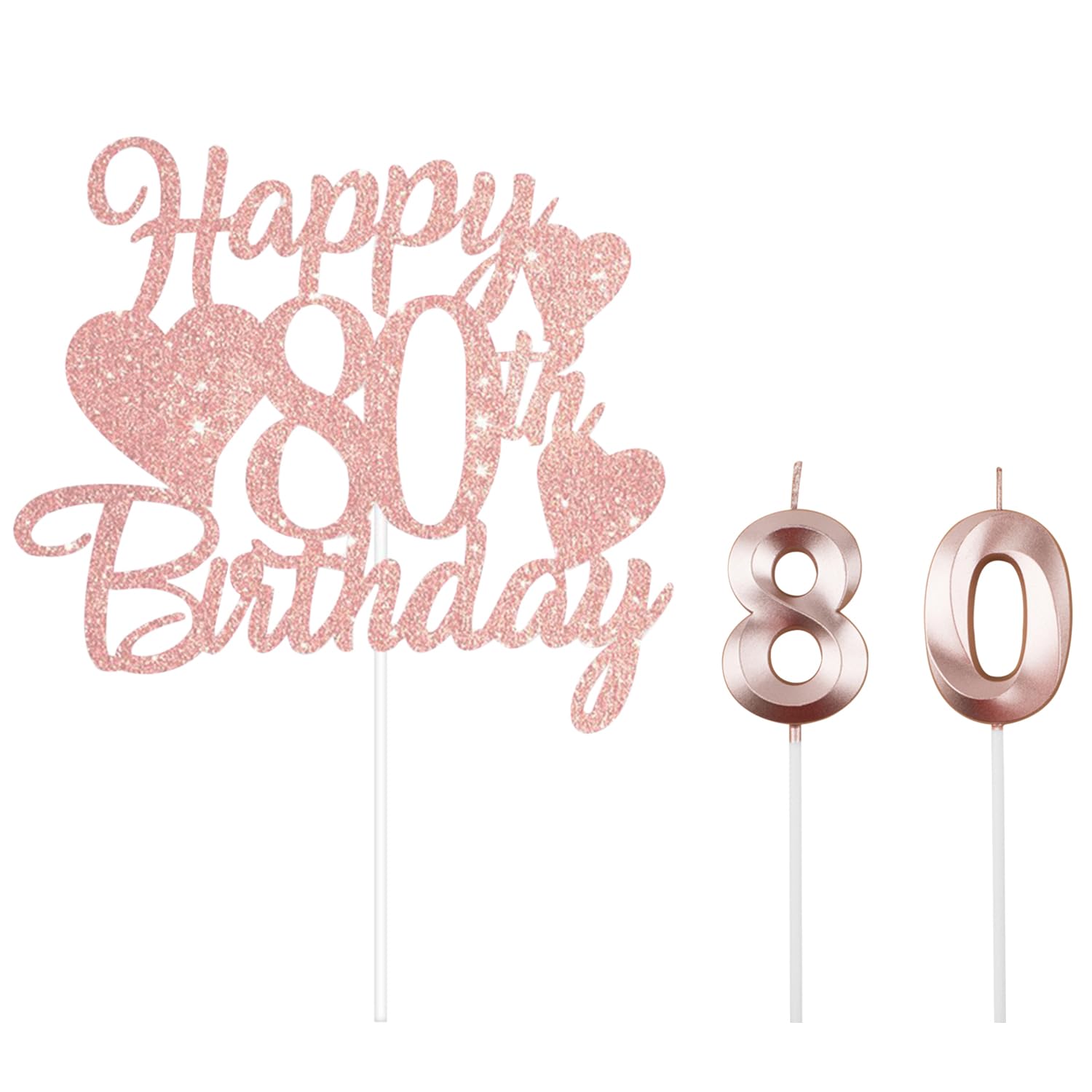 Tvsvkwe Rose Gold 1 Number 8 Candle, 1 Number 0 Candle And 1 Piece Happy Birthday Card Insert, Birthday Party Supplies, Cake Decorations, Cake Accessories.