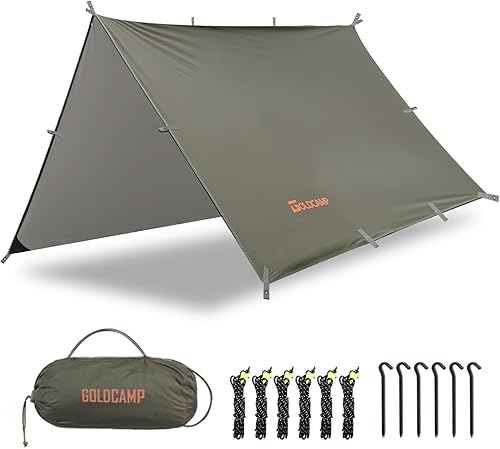 Miniatura 7 de GOLDCAMP Hamaca impermeable para campamento, hamaca de nailon 70D de 10 x 13.2 pies, protección UV 50+ y PU15000 mm, toldo de lona para refugio