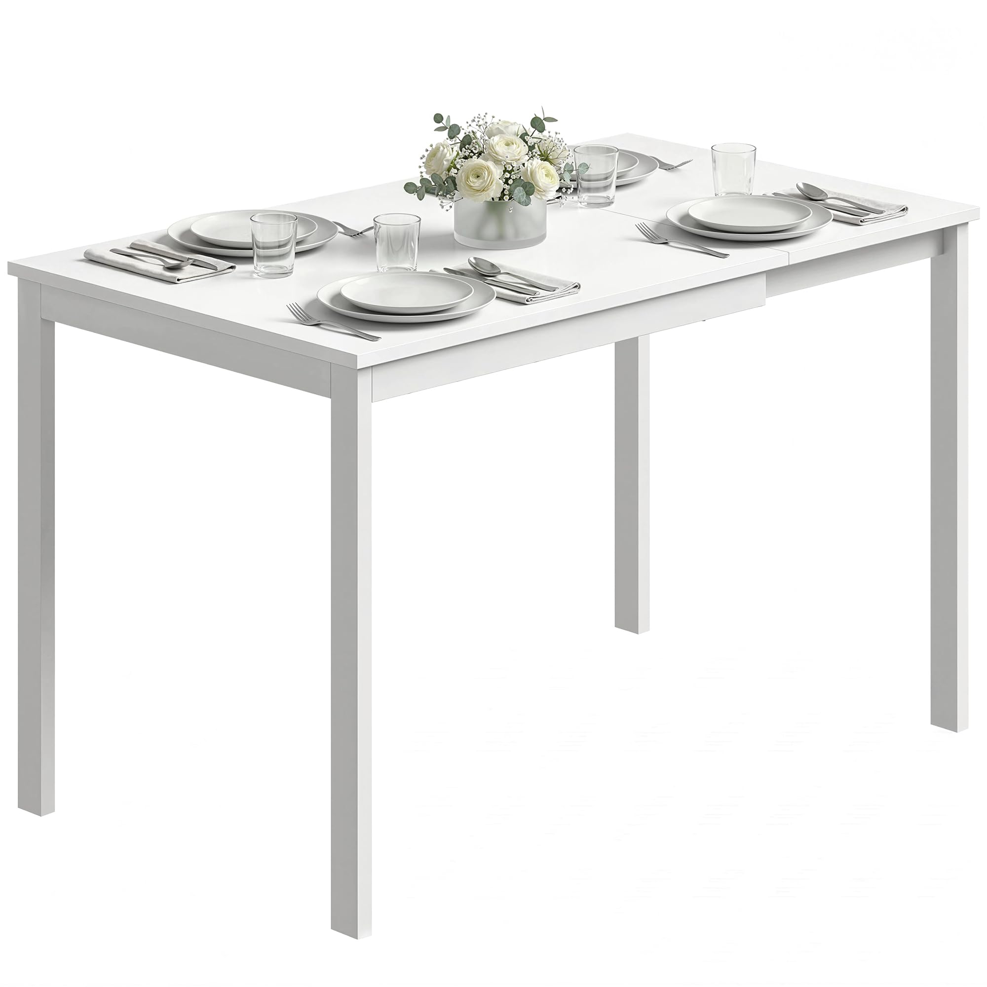 HOMCOM Table à Manger Extensible Rectangle pour 4 à 6 Personnes, Table de Cuisine 80-120 cm, Extension coulissante Facile, Pieds en Acier, pour Petits espaces, Salle à Manger, Salon, Blanc