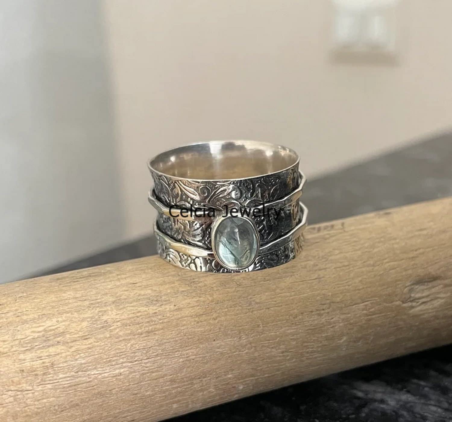 Natürlicher Amazonit-Edelstein-Blumen-Blumen-Designer-Spinner-Ring, echter 925er Sterlingsilber-Meditationsring, Angst-Ring, ethnischer Fidget-Ring, oxidierter Silber-Spin-Ring