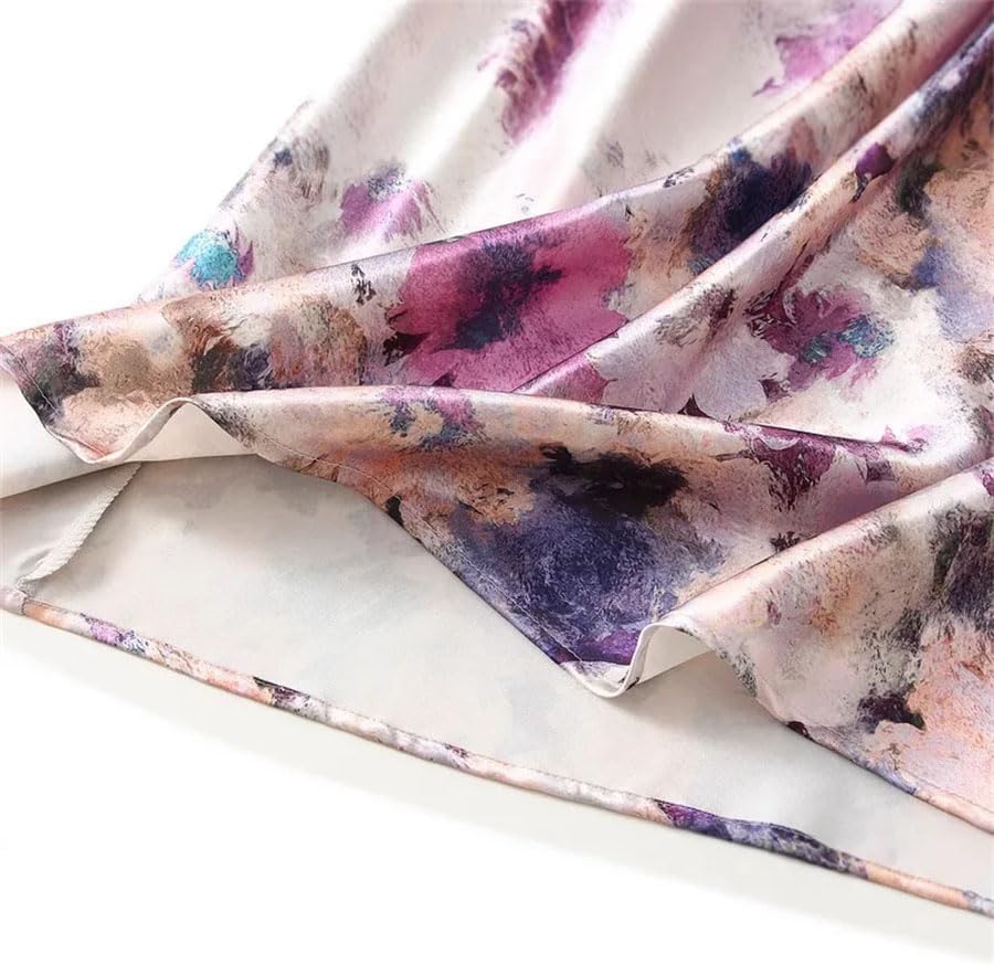 Women's Floral Satin A-Line Ankle-Length Skirt with High Waist Casual3