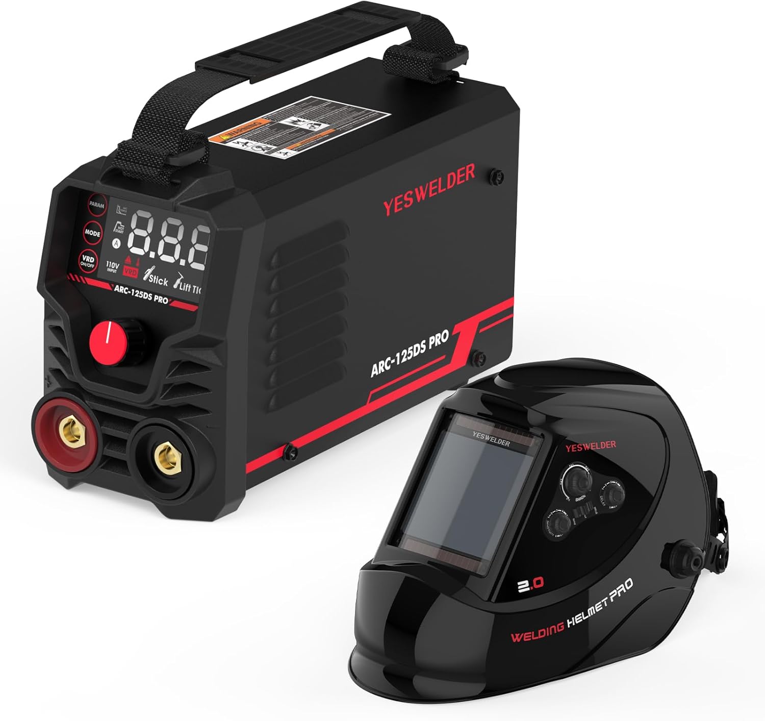 YESWELDER Large Viewing Screen 3.93"X3.66" True Color Solar Power Auto Darkening Welding Helmet & Mini Stick Welder Portable, Large LED Display 125Amp ARC Welding Machine