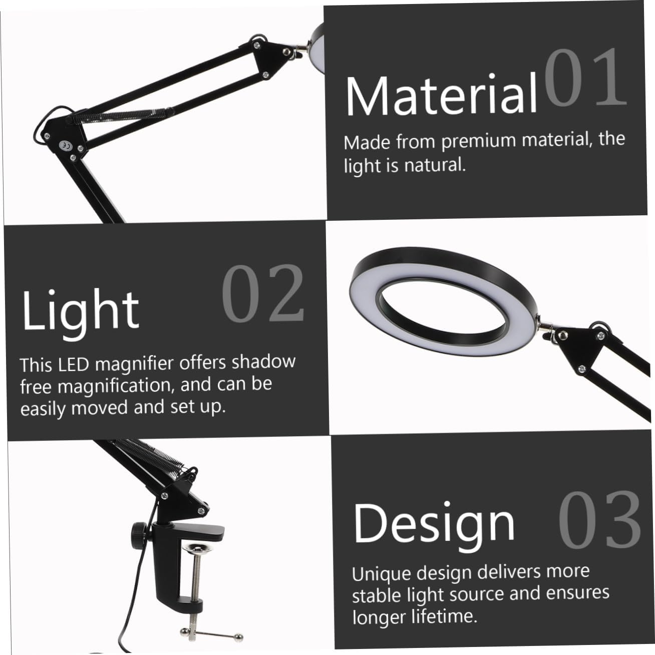 1pc Led Lamp Clamp Desk Light for Crafts Reading and Beauty Tasks Level Brightness Color Temperature High-Definition Magnifier Light