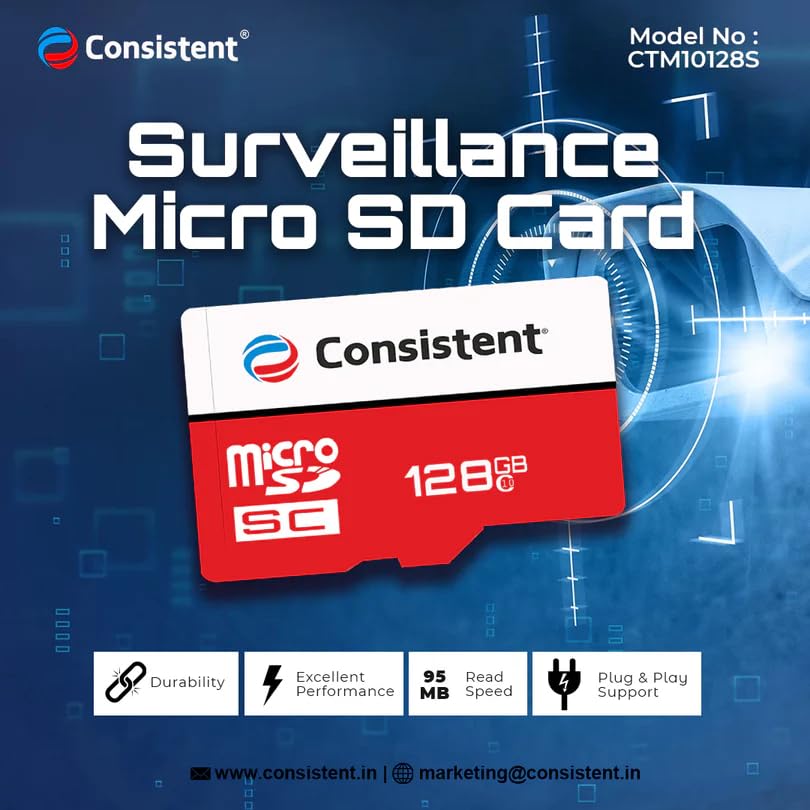 Image of Consistent 128GB Surveillance microSD Card - High-Endurance 4K Video Recording, Class 10 /UHS-I Speed, Designed for 24 /7 CCTV & Security Cameras - 5-Year Warranty