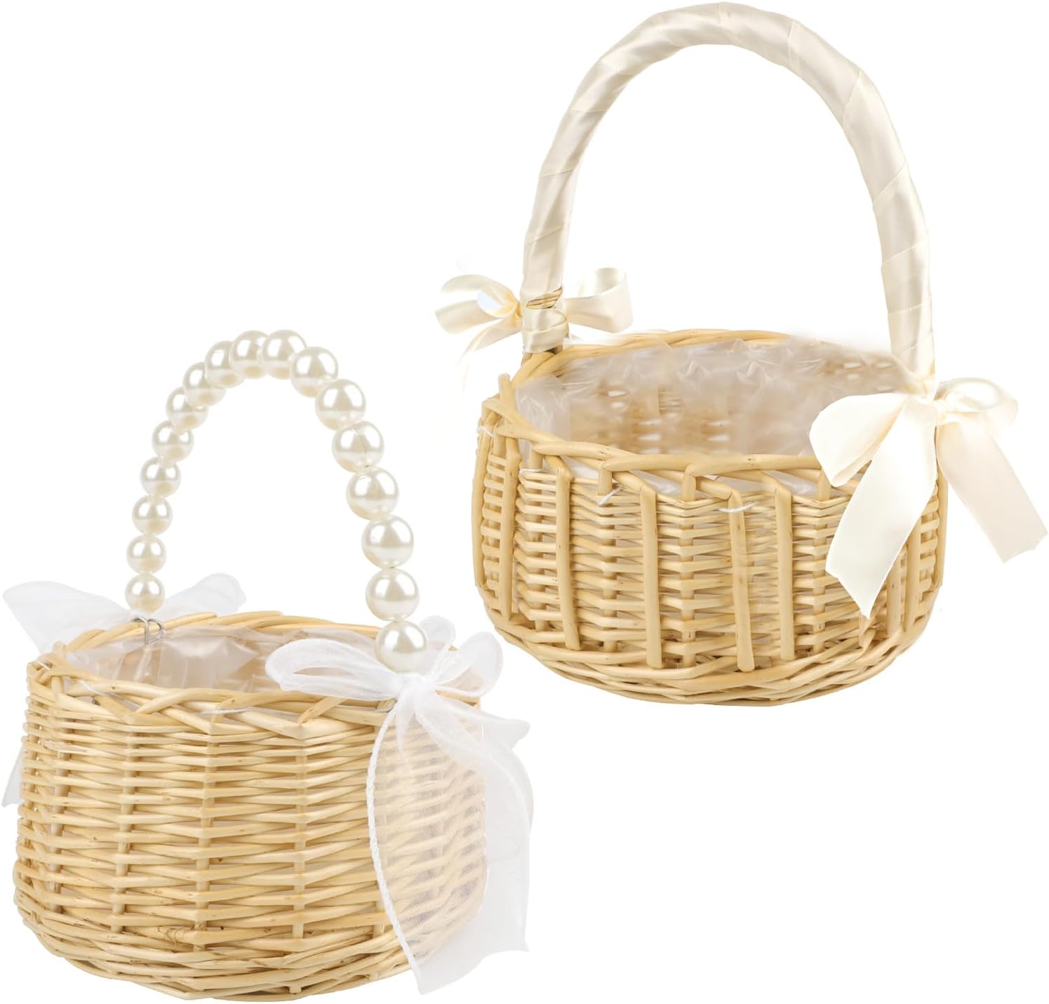 YIYA Wicker Flower Girl Basket with Pearl Handle Rattan Flower Basket for Outdoor Picnic Home Wedding Garden Decoration