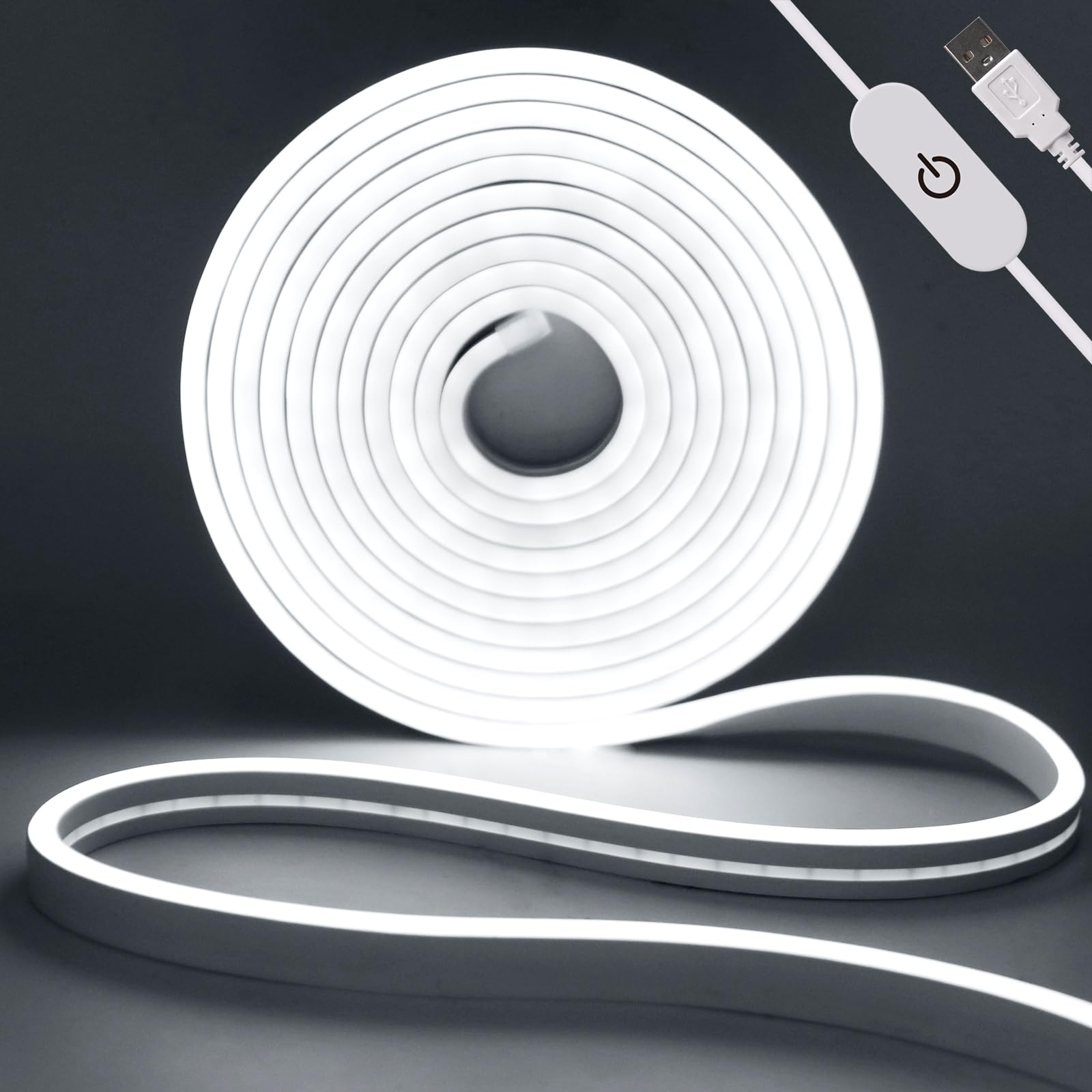 KAFULA DC5V Dimmable LED Neon Light Strip, USB Powered, 120 LEDs/m 1M White Light 6000K Silicone LED Light Strip CRI85+, IP65 Waterproof Flexible, Home DIY Lighting Decoration