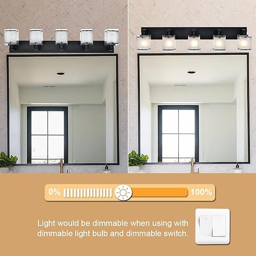 Miniatura 3 de Lámparas de baño de 5 luces, color negro mate, modernas luces de tocador con vidrio esmerilado rectangular para tocador sobre espejo, base de