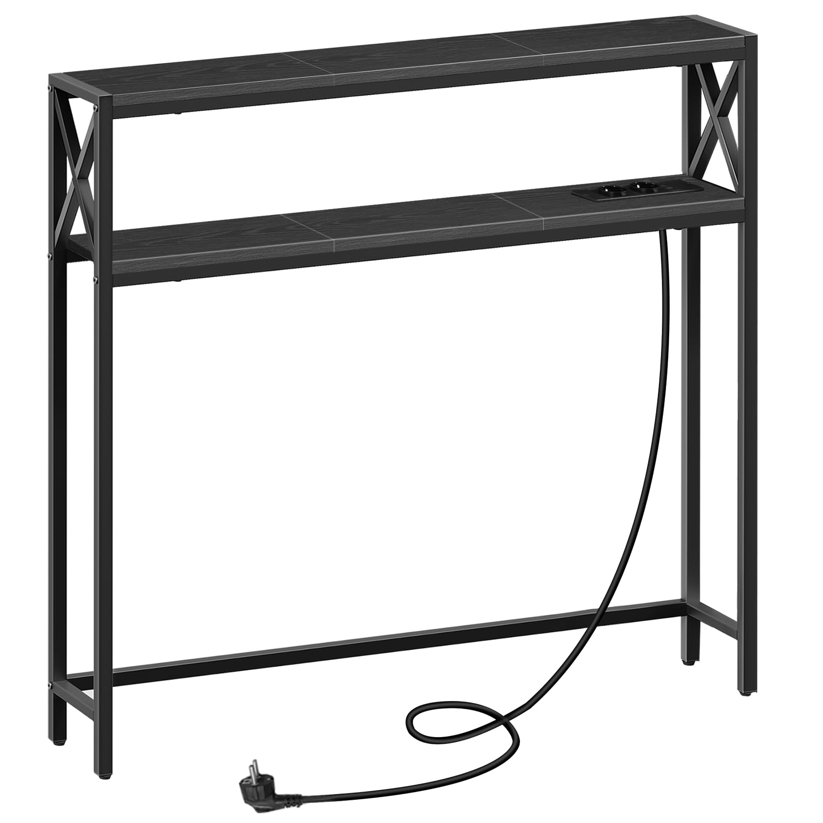 MAHANCRIS 100 cm 2-stöckiger Konsolentisch, Beistelltisch, mit 2 Steckdosen und 2 USB, Schmaler Eingangstisch, Flurtisch, Sofatisch für Flur, Wohnzimmer, Schlafzimmer, Foyer, Schwarz ACTHB115UE01