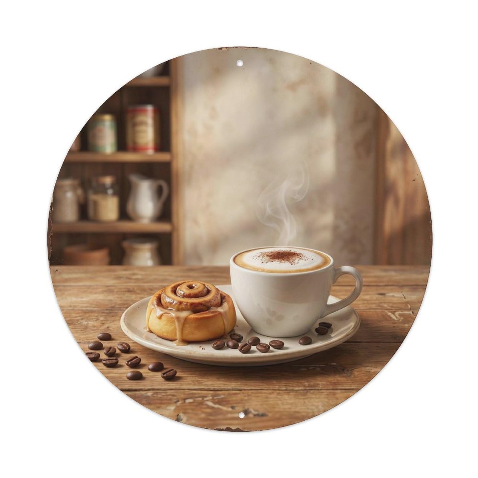 Screenprint Cappuccino Dessert Espresso Bakery Beans Metal Tin Sign Plaque Wall Decor for Cafe, Man Cave, Club Bar, Office, Home Garden Round Metal Poster 8x8Inch