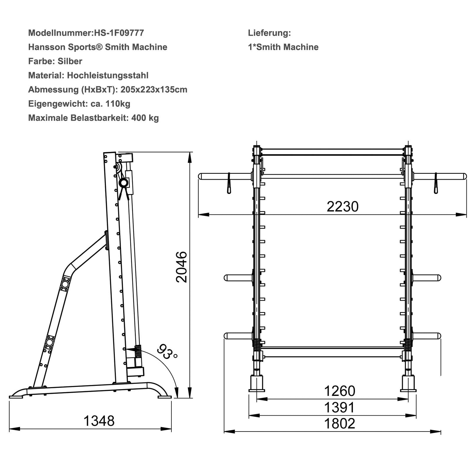 Hansson Sports® Massive 110 Kg schwere Smith Machine Multipresse Rack mit Gegengewichten und Olympia Langhantelstange, Massive Kraftstation geprüfte und zertifizierte Profi Qualität