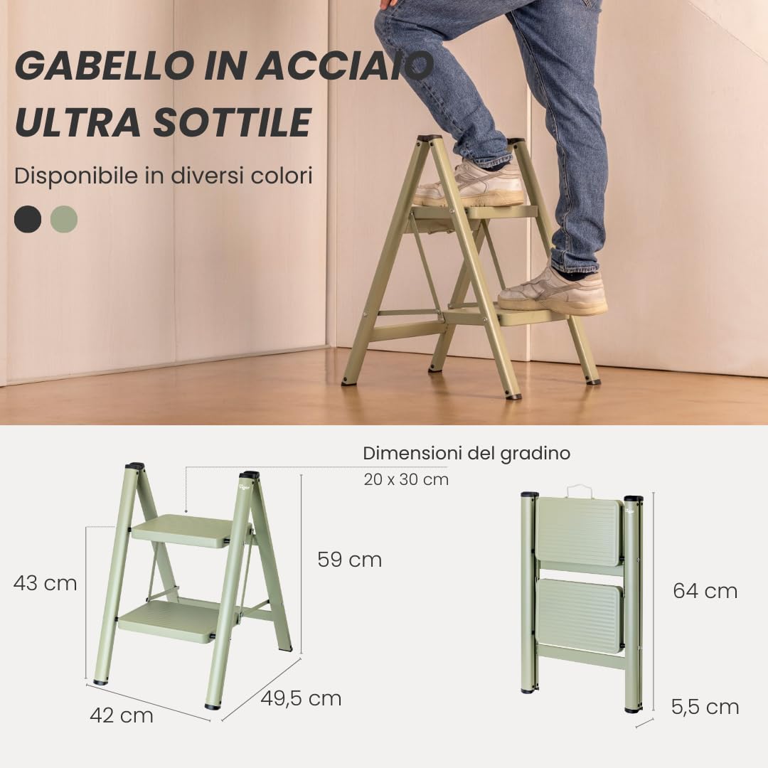 Vigar Scaletta a due gradini, pieghevole fino a 150 kg, leggera, in acciaio antiscivolo, con manico in metallo, scala pieghevole per la casa, Verde | Scaletta leggera in acciaio antiscivolo con manico in metallo, scala pieghevole per casa, sgabello a 2 gr