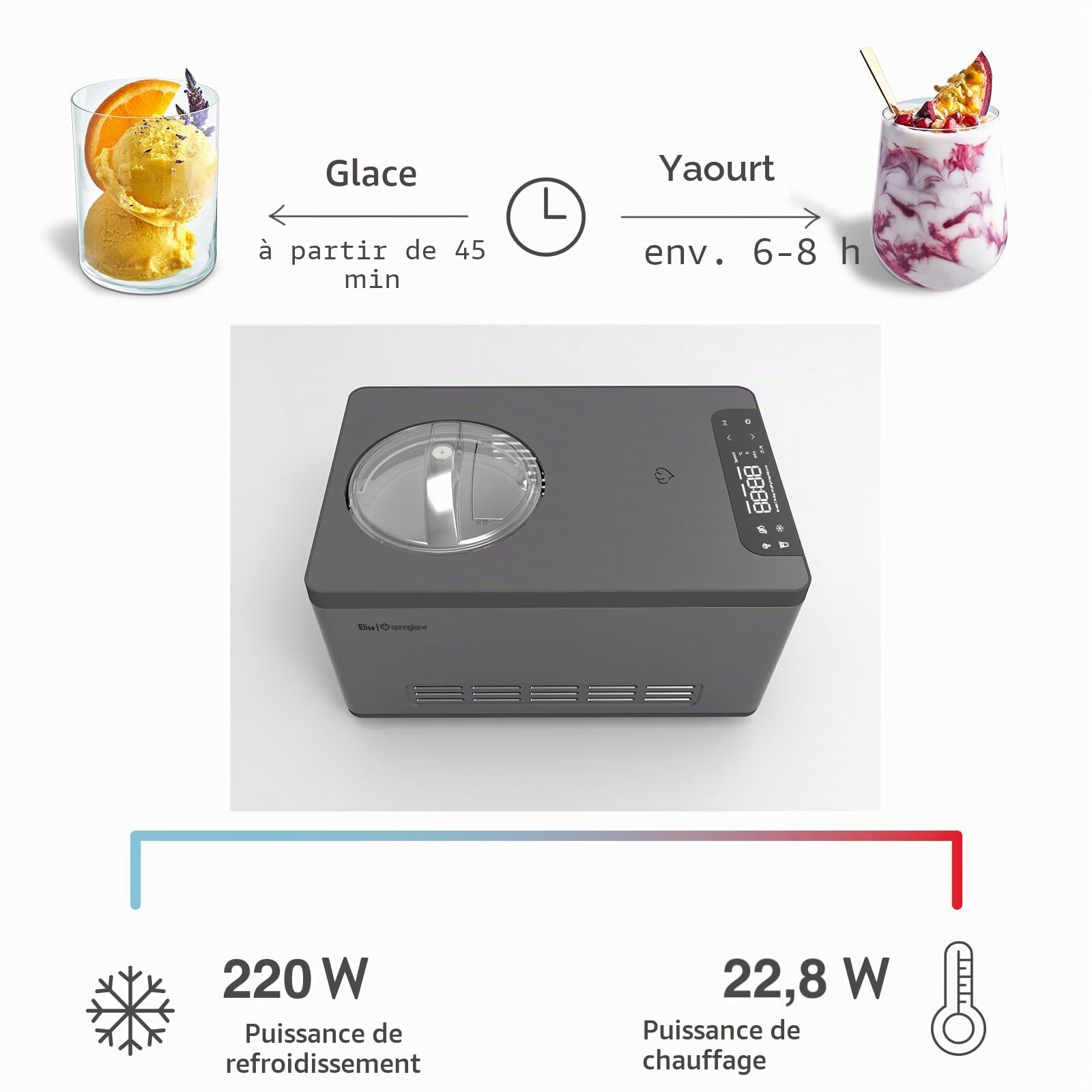 Springlane Kitchen Elisa Sorbetière et yaourtière 2,0 l avec compresseur auto-refroidissant 220 W en acier inoxydable avec fonction refroidissement et chauffage (Elisa anthracite, sorbe)