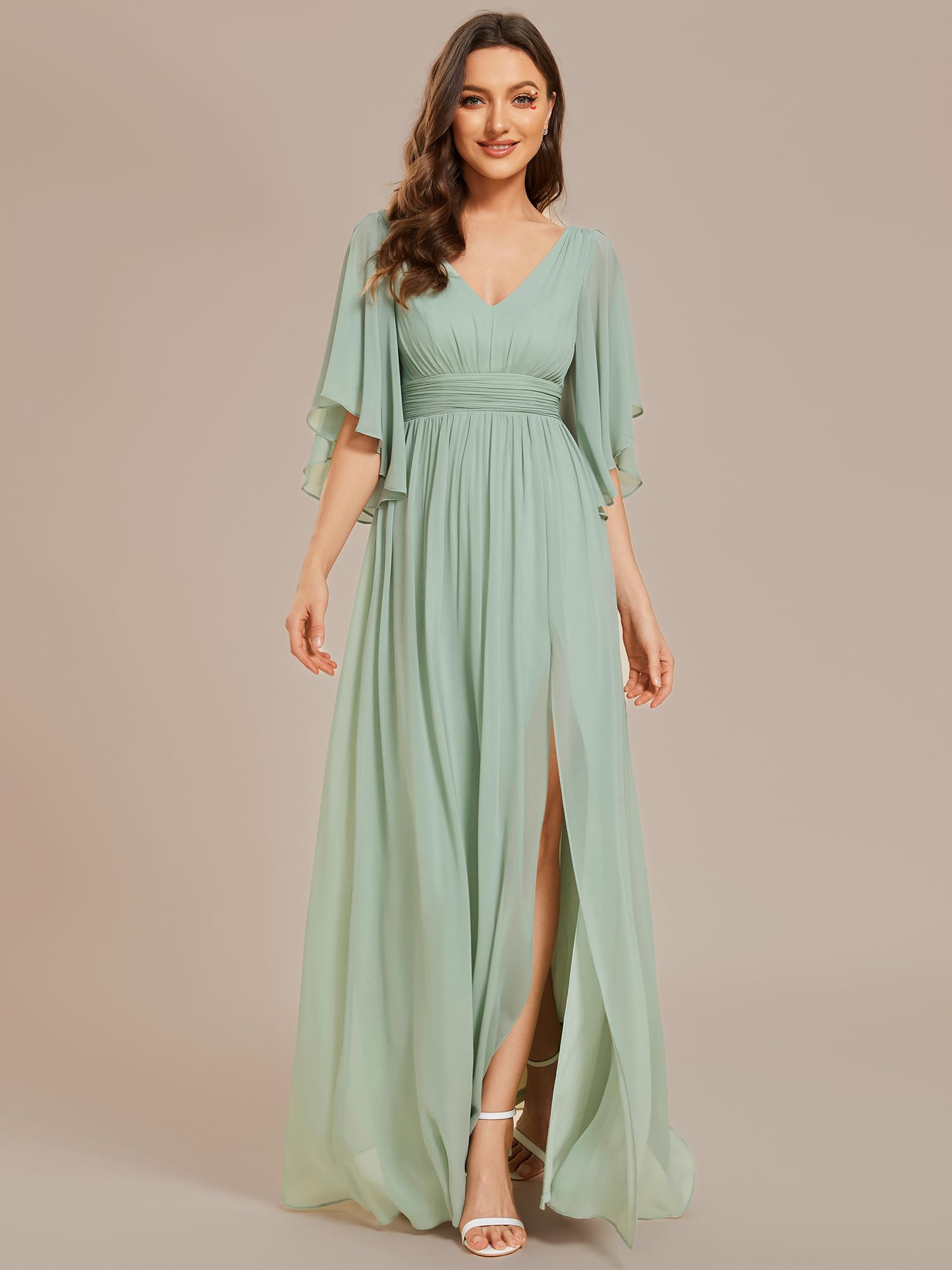 Ever-Pretty Vestidos Largos de Dama de Honor Elegantes Mangas con Volantes y Cintura Imperio Formal ES01886-P