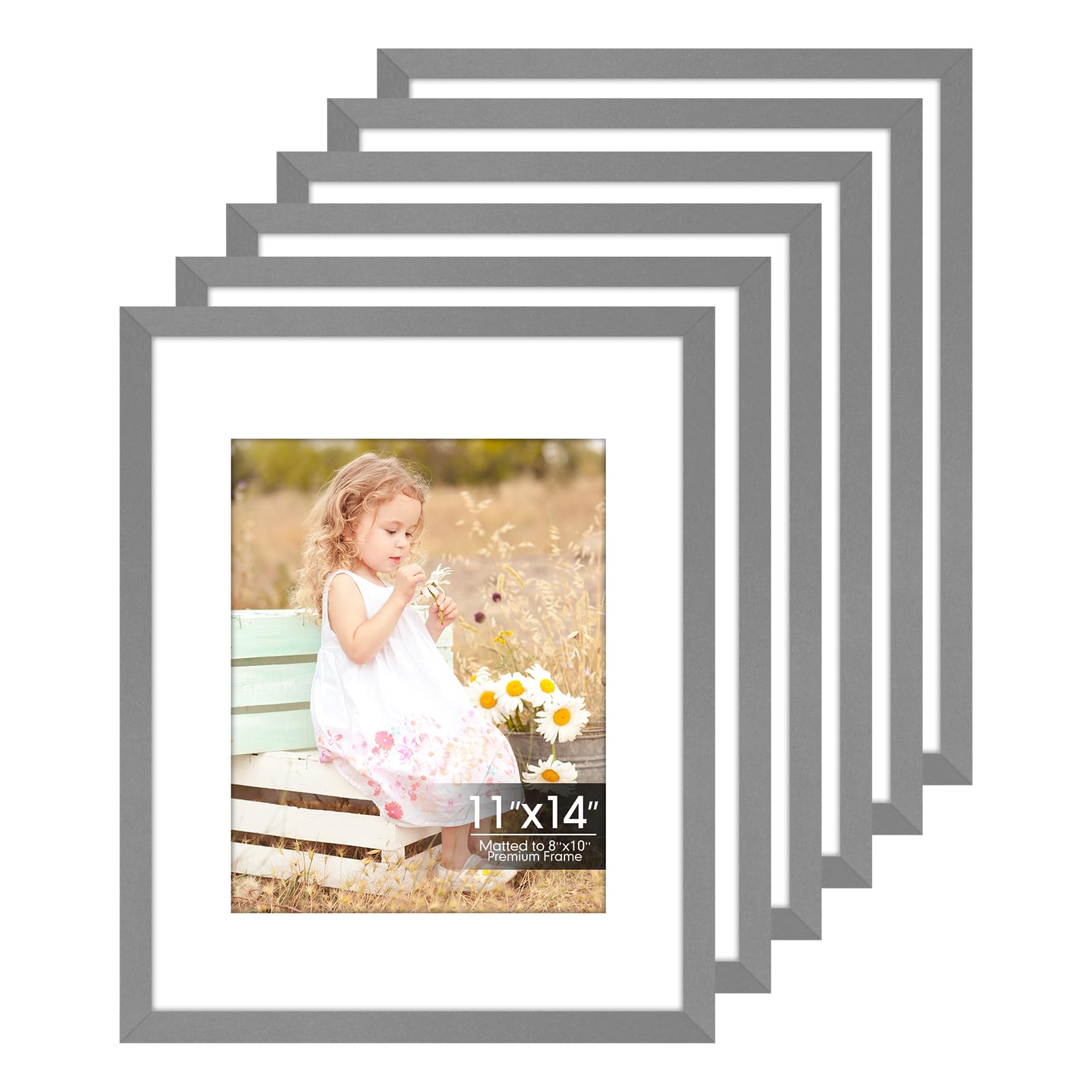 6 Pack 11x14 Frames, Mat for 8x10 Photos, Shatter HD Plexiglass | Removable mat fits two photo sizes, slim frame with stand for horizontal &amp; vertical wall mount