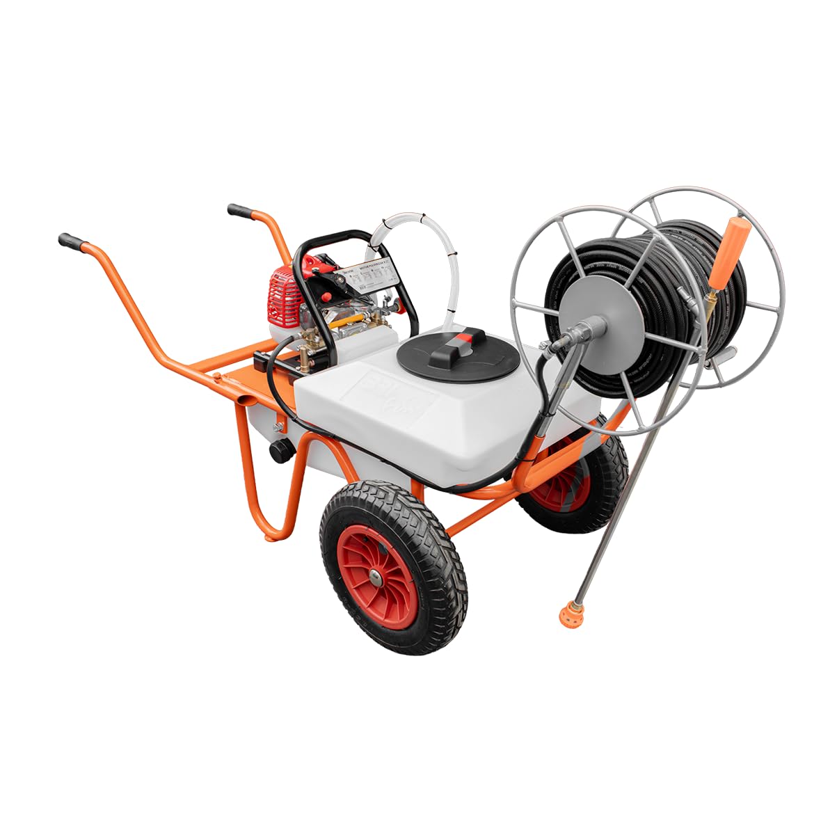 Bricoferr Carretilla Sulfatadora Motor a Gasolina 2 Tiempos y Capacidad 50 litros, con 2 Ruedas y Carrete