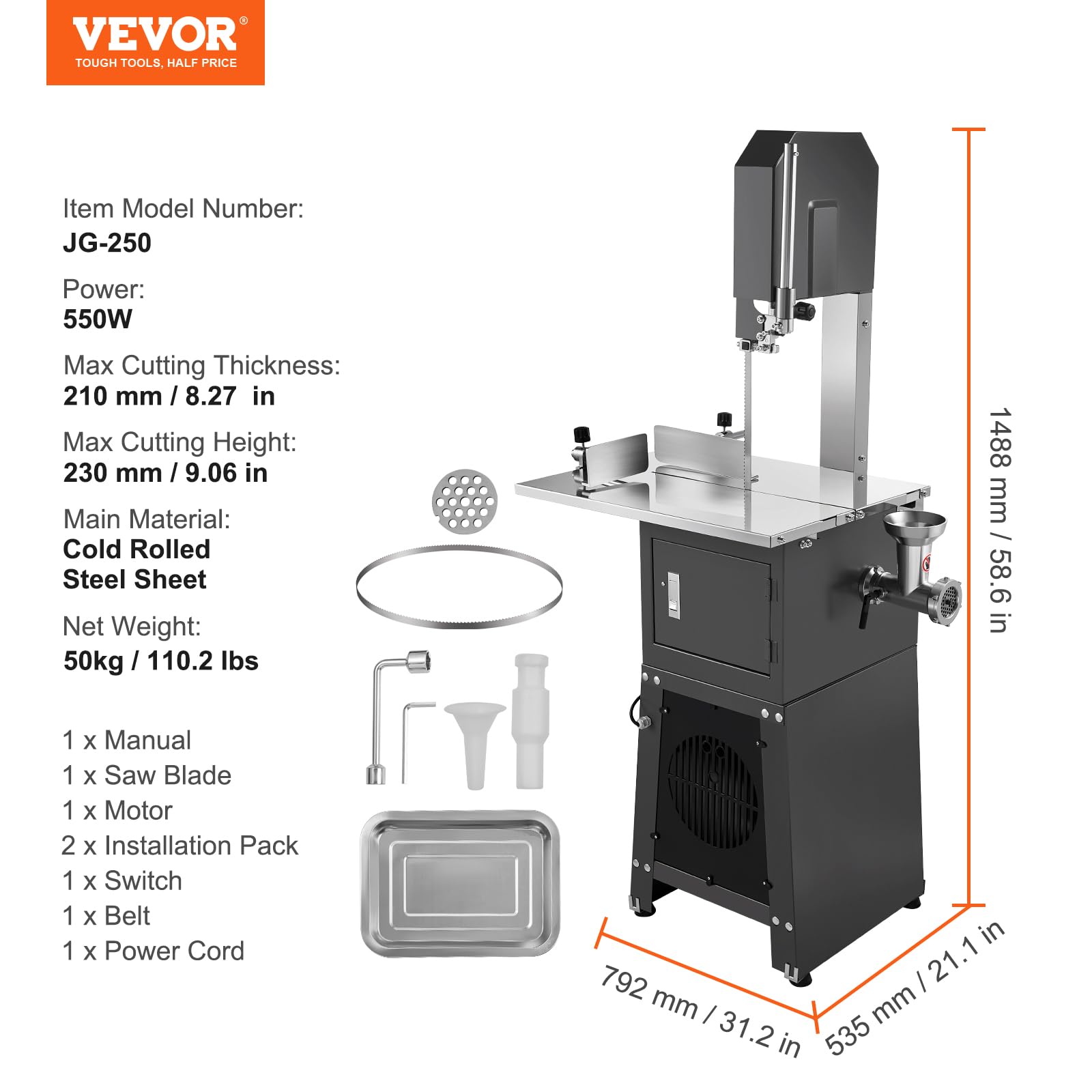 VEVOR Scie à os de boucher électrique commerciale, scie à ruban pour os 550 W, scie électrique pour viande et os congelés, table 485 x 380 mm, épaisseur de coupe de 210 mm pour supermarché, restaurant