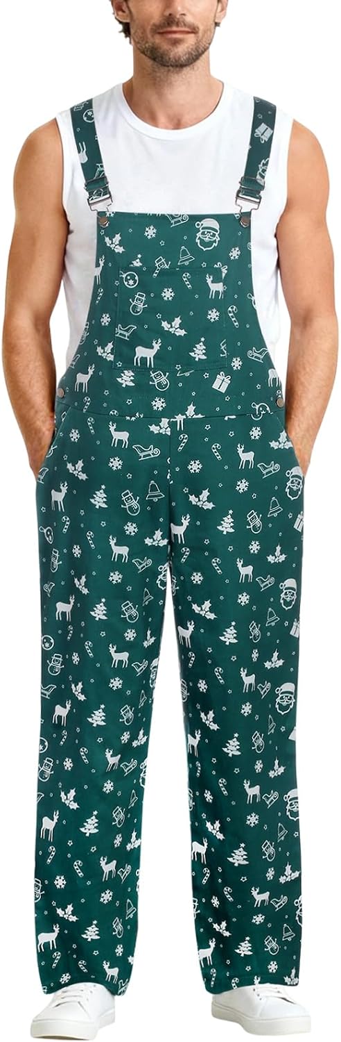 Christmas Overalls for Women Men,Christmas Jumpsuit Xmas Romper with Pocket,Holiday Overalls for Couples