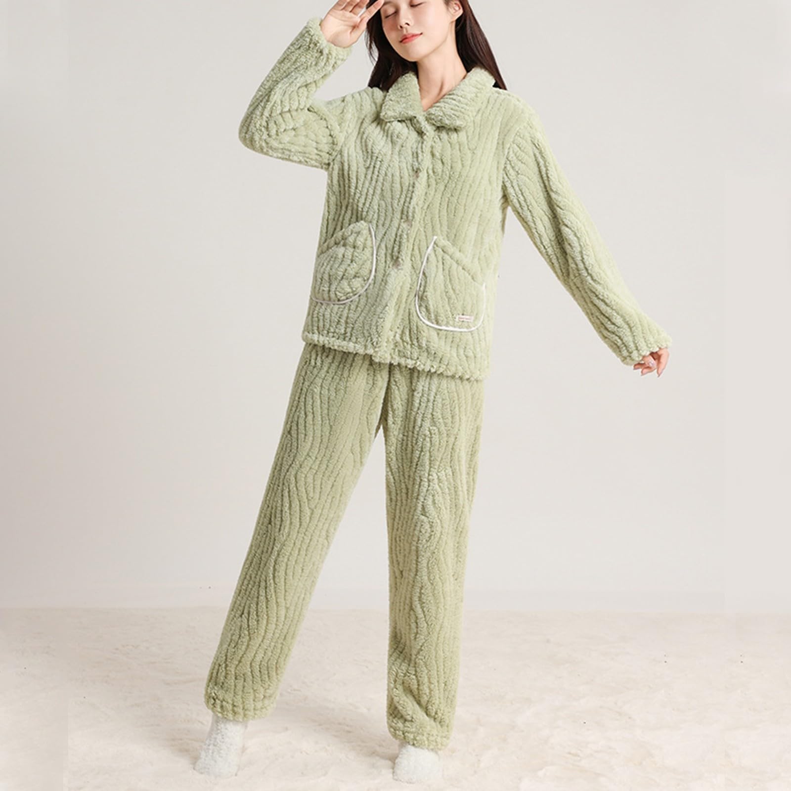 Genérico Pijama Mujer Invierno Pijama Mujer Franela Suave con Cárdigan Cuello En V Y Pantalón Doble Felpa Conjunto Cálido para Estar En Casa