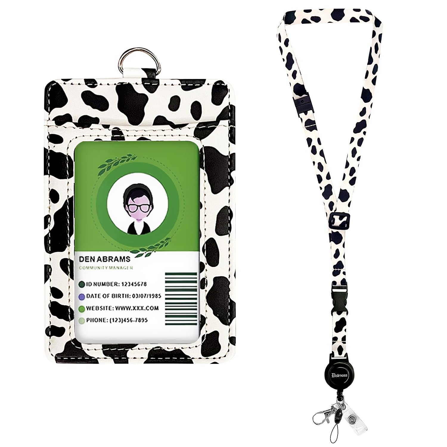 bolimoss Cow Print Lanyards for ID Badges Holder Leather ID Name Badge Card Holder with Adjustable Retractable Lanyard,Quick Release Buckle & Safety Breakaway Lanyards with Swivel Metal Clasp