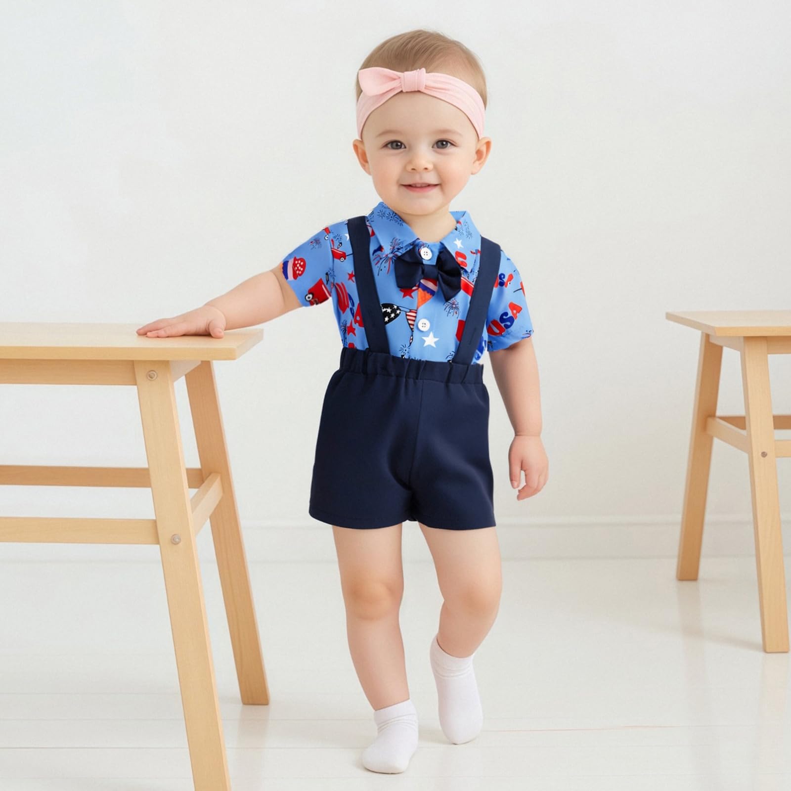 Yccutest My First 4th of July Baby Boy Outfits Newborn Summer Patriotic Clothes Toddler USA Romper Shirt Suspender Shorts Set (Blue,3-6 Months)