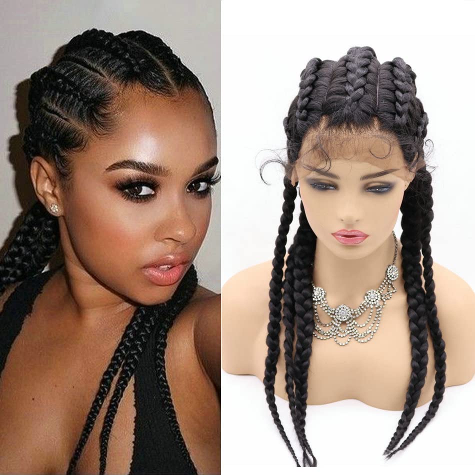 SERENEWIGNatural Black 5xBraided Synthetic Lace Wigs with Baby Hair Handmade Long Box Braided Synthetic Lace Front Wig for Black Women 26"