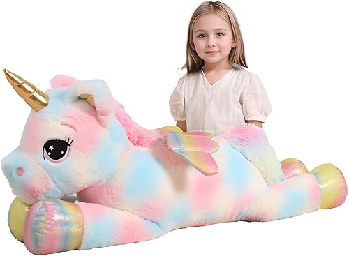 Vista 11 de Almohada de peluche gigante de unicornio de 44 pulgadas, lindo unicornio grande suave con alas de arcoíris, juguete de peluche grande, regalos