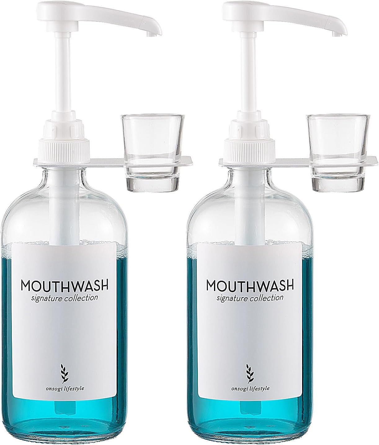 Onsogi Glass Mouthwash Dispensers with Cup Holders and Pumps, 16 Oz