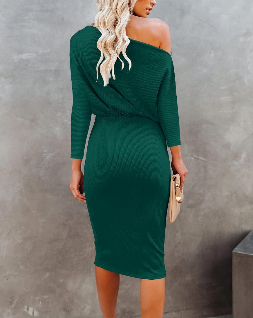 Ezbelle Women's Off The Shoulder 3/4 Sleeve Batwing HIPS-Wrap Pencil Party Sexy Bodycon Midi Dress Loose - Image 3